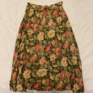 Olive Floral Maxi Skirt with Pink & Cream Blooms
